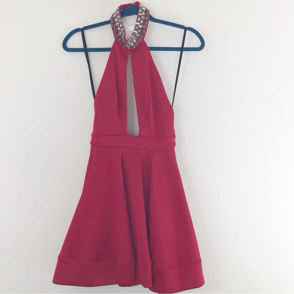 Bebe Red Embellished High Neck Open Back Flare Dress size XXS